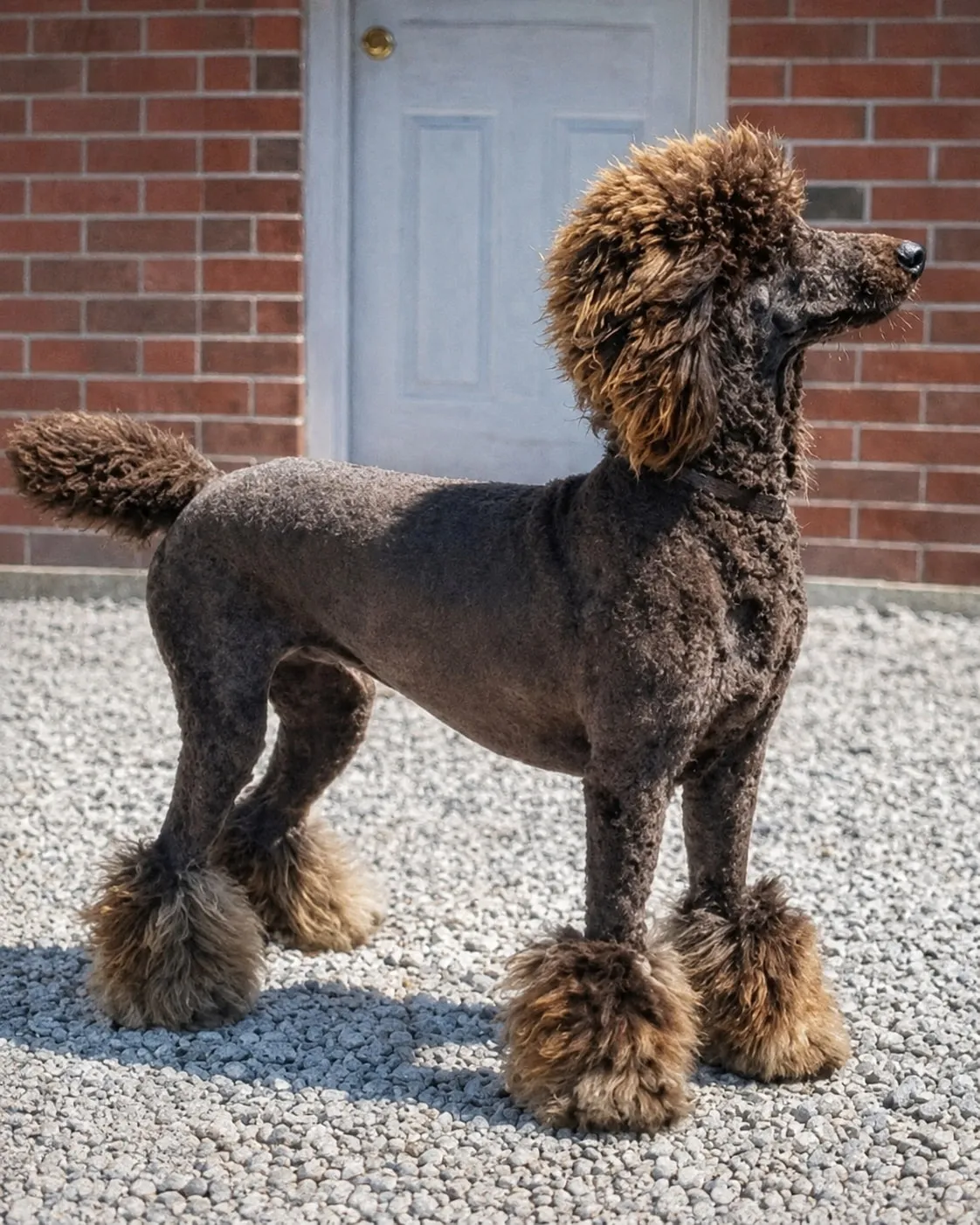 Malcolm, a brown phantom AKC Standard Poodle, standing in profile